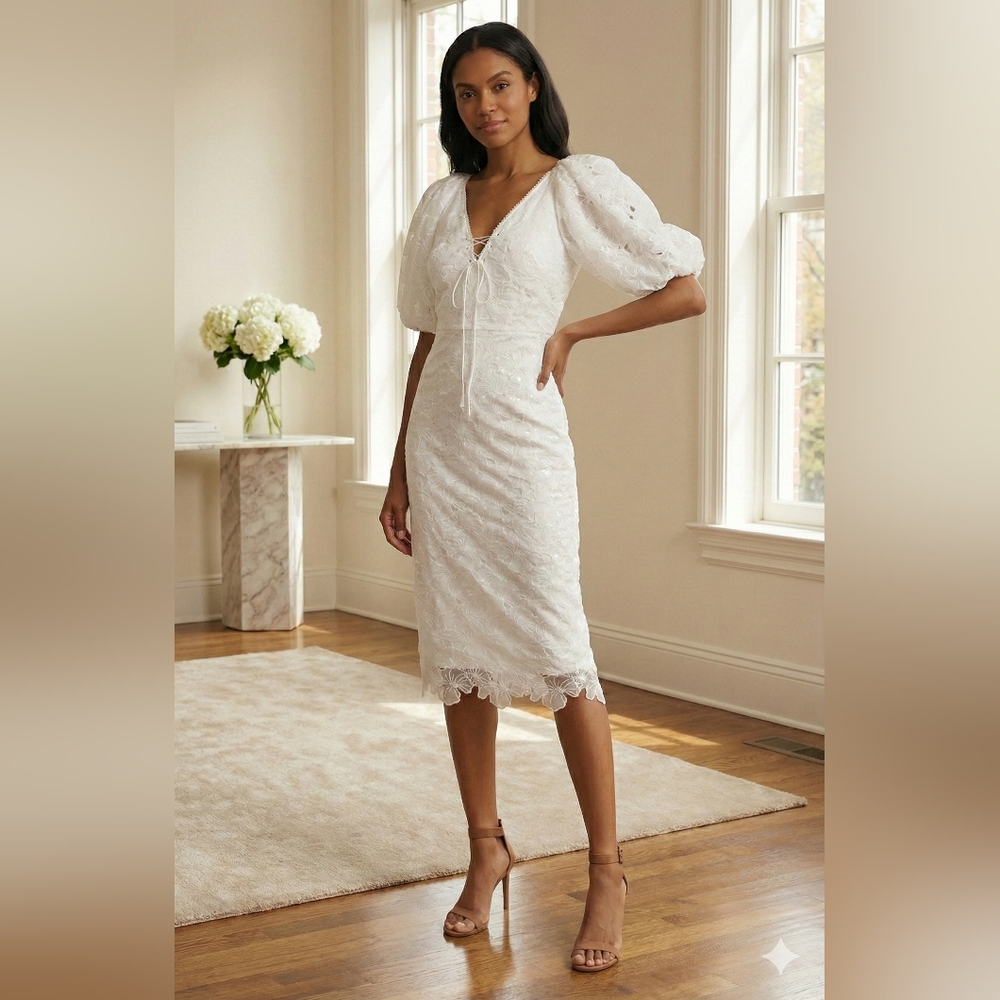 NWT Size 2 Monique Lhuillier White Organza Lace Puff Sleeve Dress